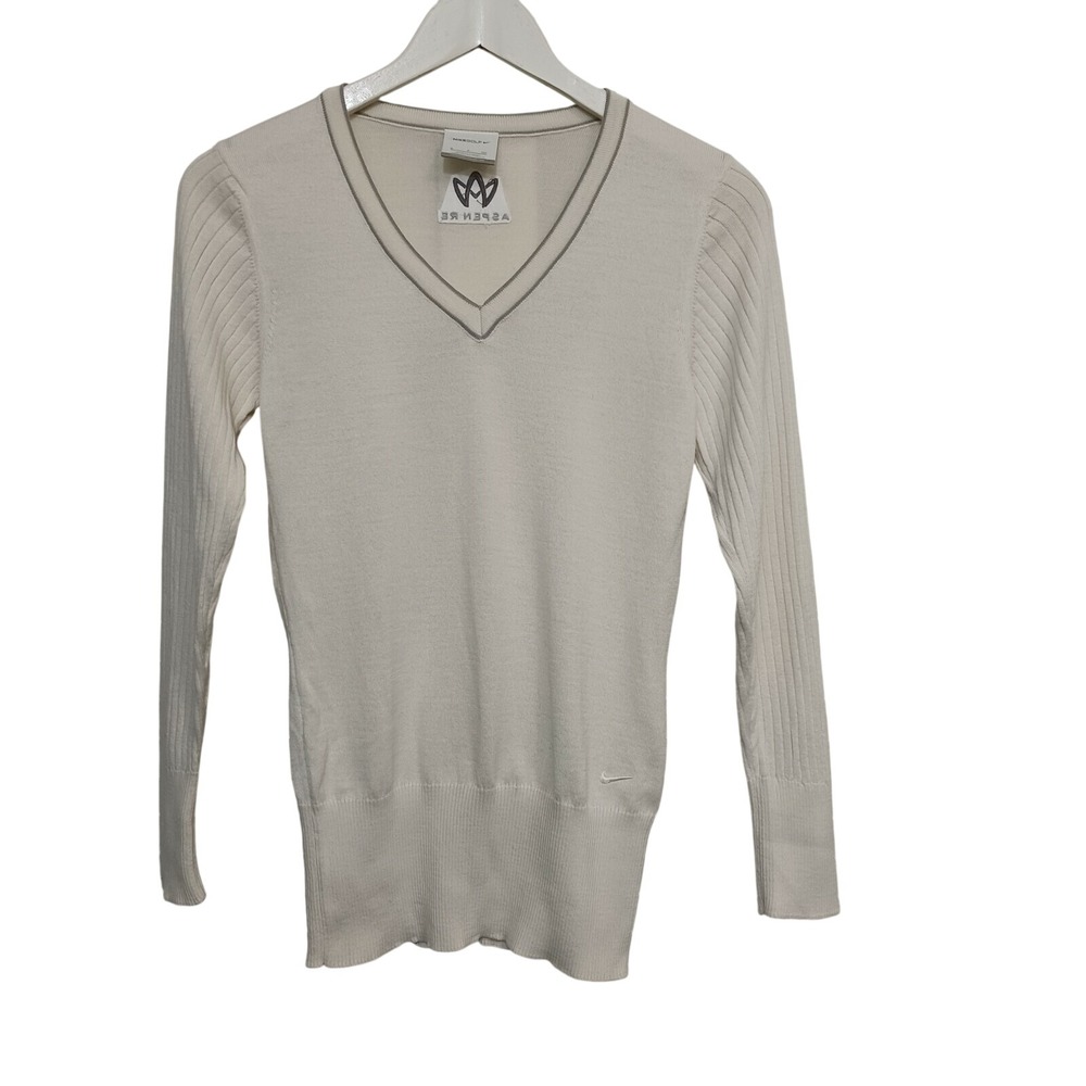 Nike Golf Womens V-Neck Wool Blend Sweater Off White Aspen RE Logo Small